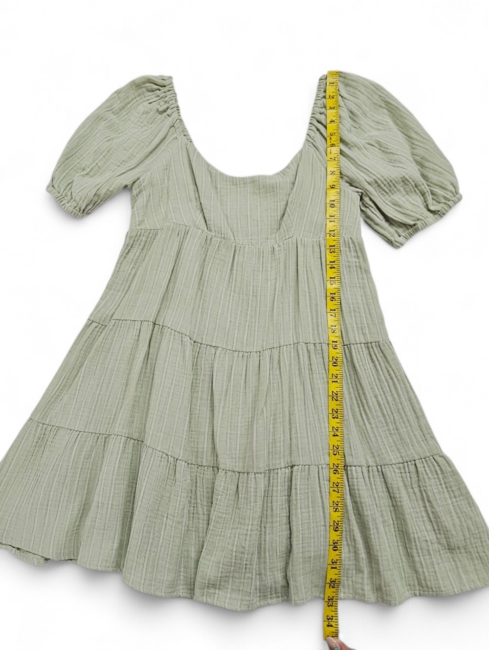 Every Square Neck Tiered Mini Dress With Puff Sleeve In Sage Green Stripe Size S - Picture 8 of 8